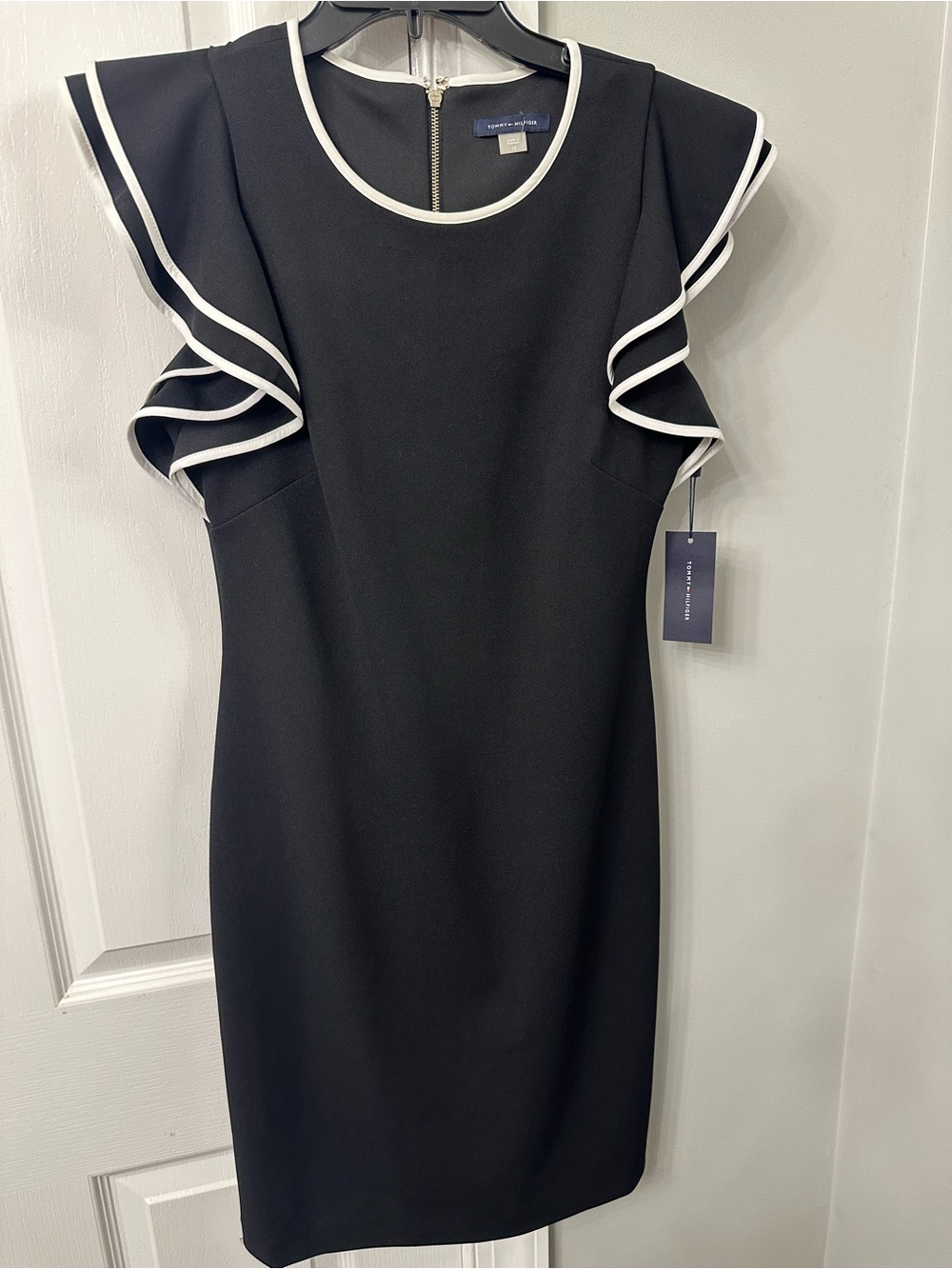 Tommy Hilfiger Black Midi Dress with White Trim Ruffle Sleeves